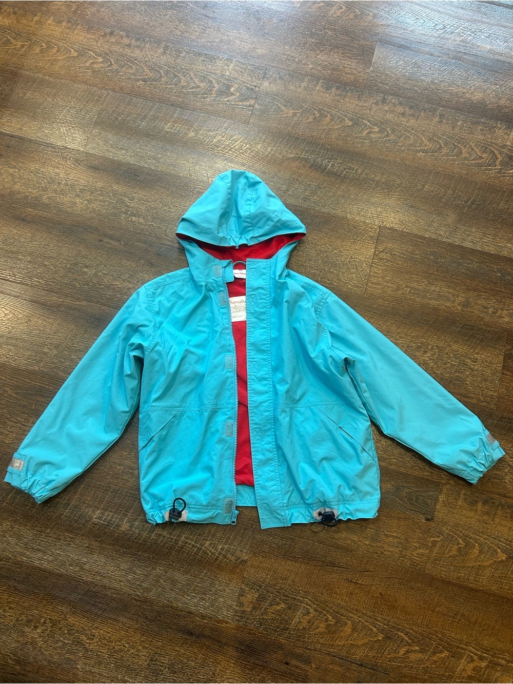 Hanna Andersson Aqua Rain Jacket with Red Lining 140